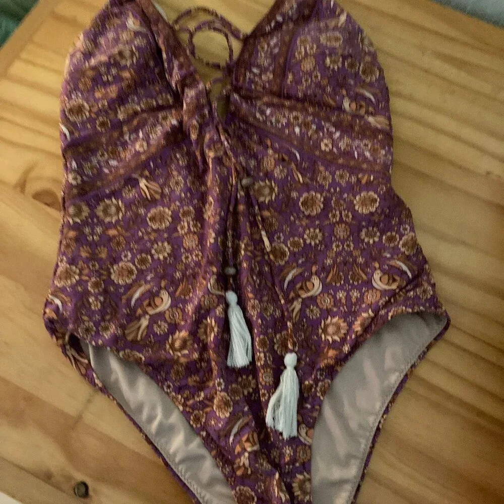 Spell & The Gypsy Gypset Boho Lace Up Plum One Piece Swimsuit Size XS - Picture 4 of 8
